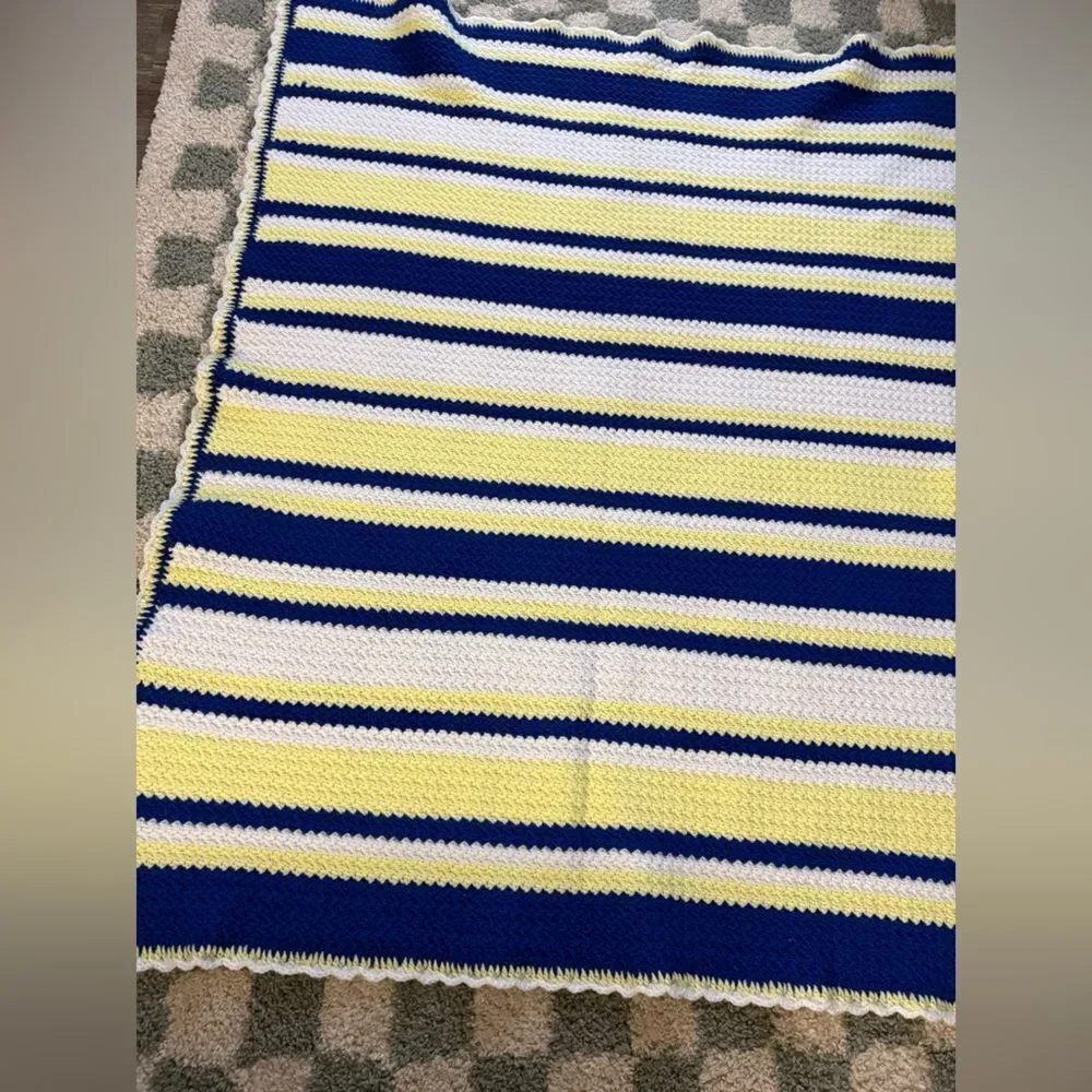 VTG Crochet Afghan Chevron Striped Blue Yellow Blanket Throw Michigan Football